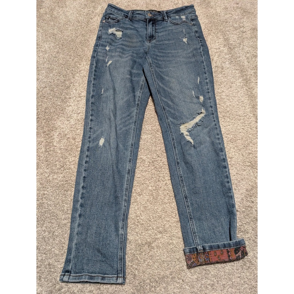Judy Blue Jeans Women 5/27 Blue Boyfriend Fit Distressed Patterned Cuff JB88574